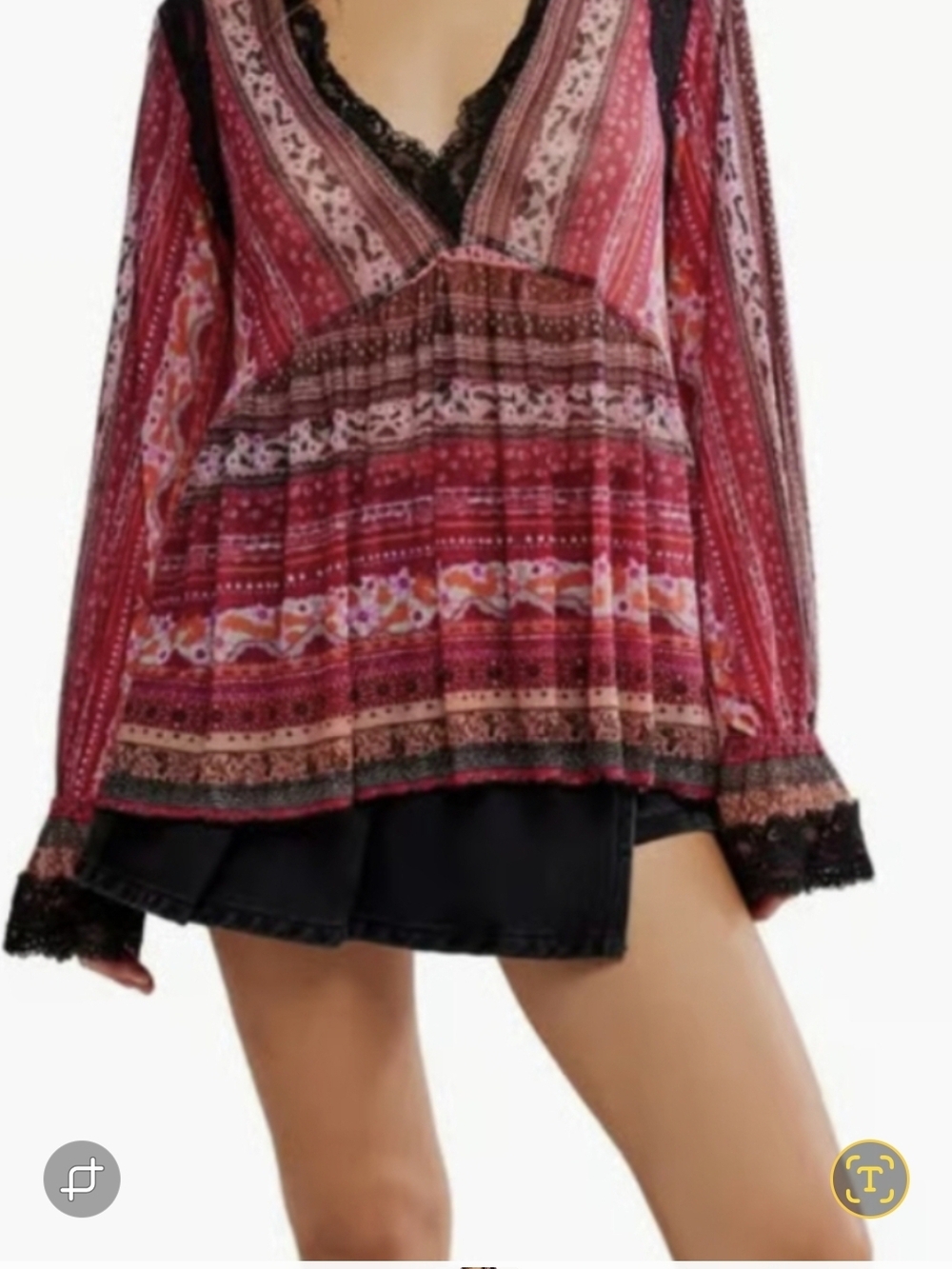 Free People Natalie Printed Pink and Red Printed V-Neck Long Sleeve Blouse